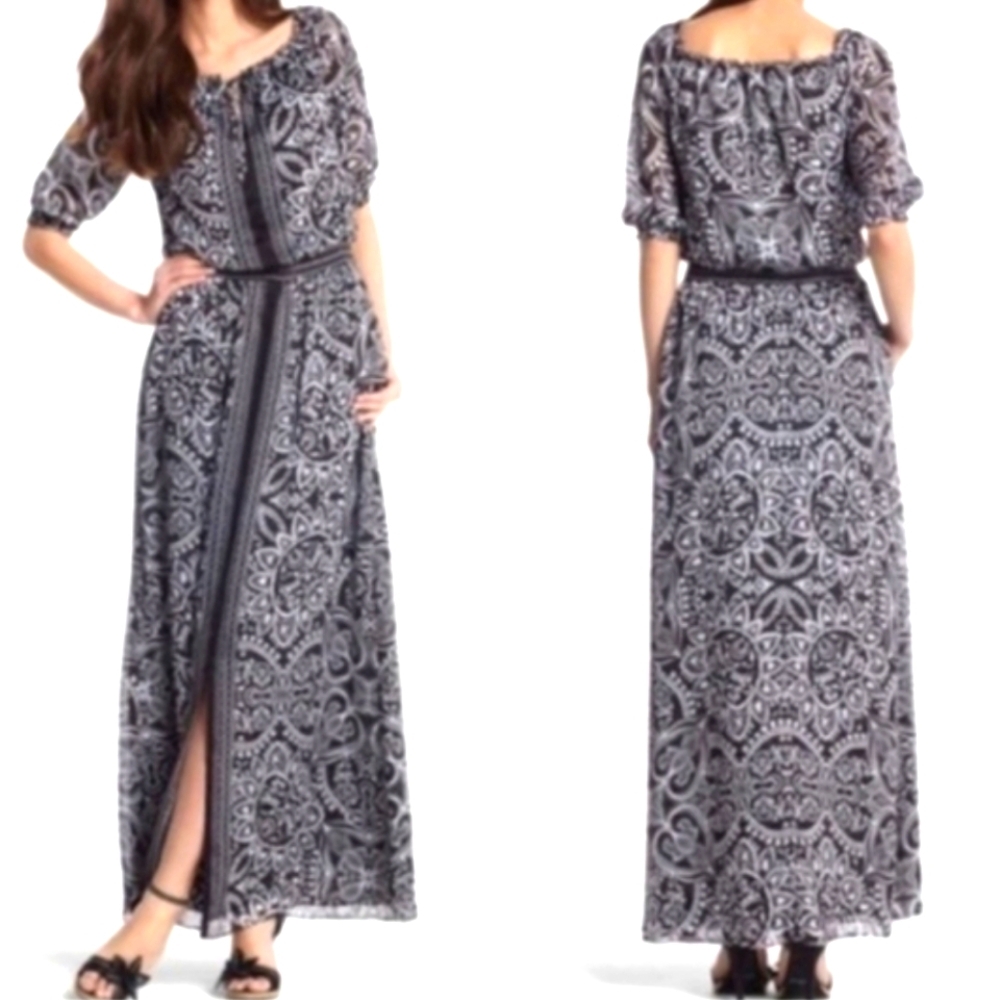 WHBM (Size 8) Black & White Floral Print Front Hem Split Side Pocket Maxi Dress